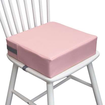 Picture of Eiury Toddler Booster Seat for Dining Table, 2 Elastic Seat Belts, Anti Scratch PU Skin-Friendly, Waterproof, Anti-Wrinkle, Detachable Non-Slip Bottom - Pink
