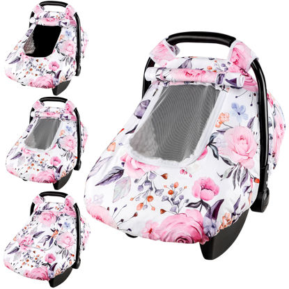 Picture of Floral Baby Carseat Cover Girls, Pea Pod Infant Car Seat Covers Canopy for Newborn with 2 Layers Windows of Breathable Mesh/Fabric, Lightweight Polyester/Minky Dot Backing, Snug Fit Most Baby Car Seat