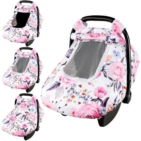 Picture of Floral Baby Carseat Cover Girls, Pea Pod Infant Car Seat Covers Canopy for Newborn with 2 Layers Windows of Breathable Mesh/Fabric, Lightweight Polyester/Minky Dot Backing, Snug Fit Most Baby Car Seat