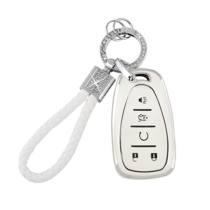 Picture of PIFOOG Key Fob Cover for Chevy Keychain Bling White Silver TPU 5 Button Car Keys Case Shell Protector for Chevrolet Equinox Traverse Blazer Trailblazer Malibu Camaro Spark Women Girly