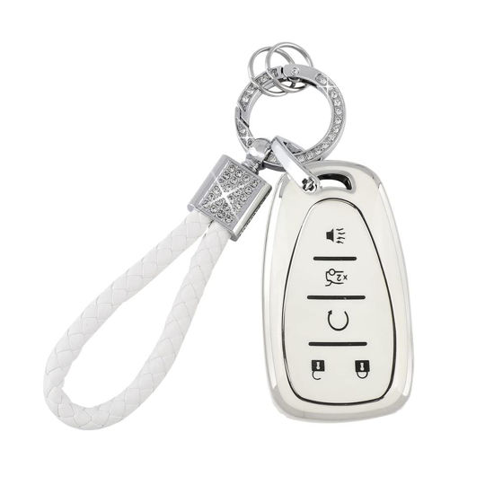 Picture of PIFOOG Key Fob Cover for Chevy Keychain Bling White Silver TPU 5 Button Car Keys Case Shell Protector for Chevrolet Equinox Traverse Blazer Trailblazer Malibu Camaro Spark Women Girly