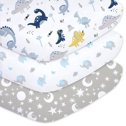Picture of Plushii Crib Sheets for Baby Boys 3 Pack, 28"x 52" Extra Soft Microfiber Crib Sheet Set for Baby Crib Mattress Sheet & Toddler Mattress Pad, Dinosaur & Elephant & Stars