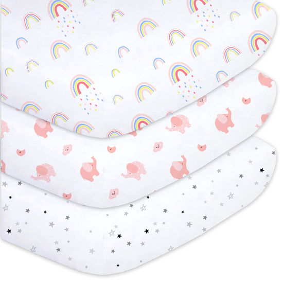 Picture of Plushii Crib Sheets for Baby Girls 3 Pack, 28"x 52" Extra Soft Microfiber Crib Sheet Set for Baby Crib Mattress Sheet & Toddler Mattress Pad, Rainbow & Elephant & Stars