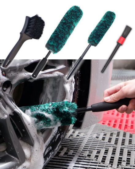 Picture of oesee Professional 4 Pack Long Handle Wheel Brush Kit for Cleaning Wheel and Tire- 2X Soft Wheel Cleaning Brush, Detailing Brush and Stiff Tire Brush, Bendable& Durable Wheel Rim Cleaner Brush Set