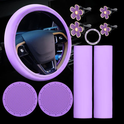 Picture of Frienda 10 Pcs Leather Steering Wheel Cover Set for Women 14.5-15 Inch Car Accessories with Seat Belt Shoulder Pad Seatbelt Cover Cup Holder Start Button Ring Sticker Air Vent Clip(Purple)