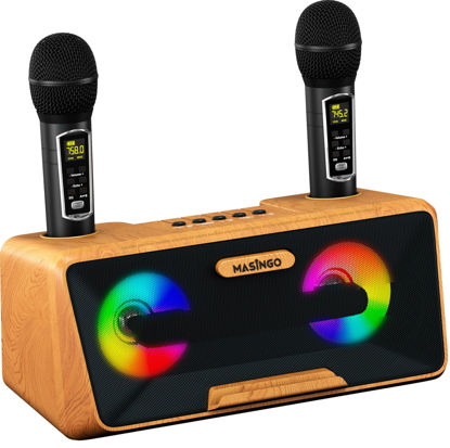 Picture of MASINGO Karaoke Machine for Adults and Kids with 2 Wireless Microphones, Portable Bluetooth Singing Speaker, Colorful LED Lights, PA System, Lyrics Display Phone Holder, and TV Cable. Presto G2 Wood