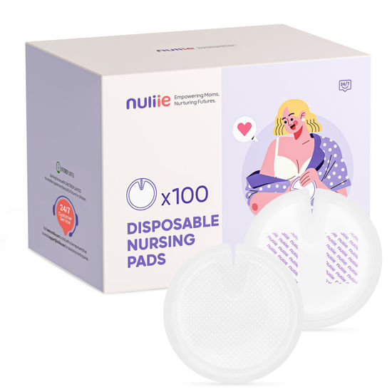 Picture of Nuliie Super Absorbent & Featherlight Disposable Nursing Pads 100 Count, Stay Dry, Soft & Breathable Breast Pads for Leaking Milk, Leakproof, Individually Packaged Breastfeeding Essentials for Moms