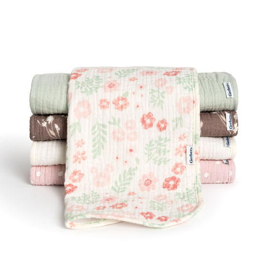 Picture of Gerber Baby Unisex Muslin Burp Cloths 5-Pack, Multi Pink Floral, Large Size 20" x 10"