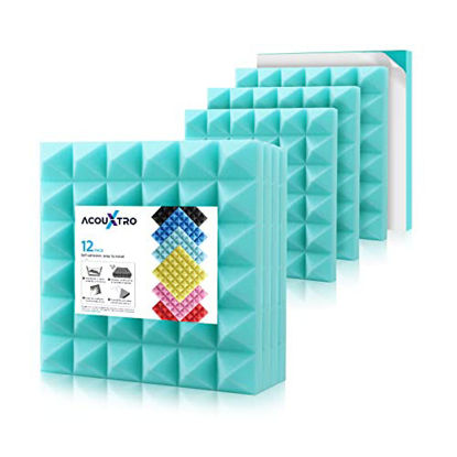 Picture of 12 Pack Soundproof Wall Panels, 12 x 12 x 2 inches Acoustic Foam Panels with Self-Adhesive, Sound Insulation Foam Tiles for Wall, Pyramid Sound Proofing Padding for Wall, Light Blue Acoustic Tiles