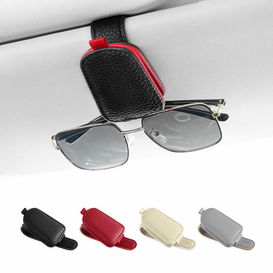 Picture of SINGARO Sunglasses Holder for Car, Leather Magnetic Buckle Sun Visor Sunglass Clip, Ticket Card Storage Glasses Clip, Car Interior Accessories for Men and Women（Black-red）
