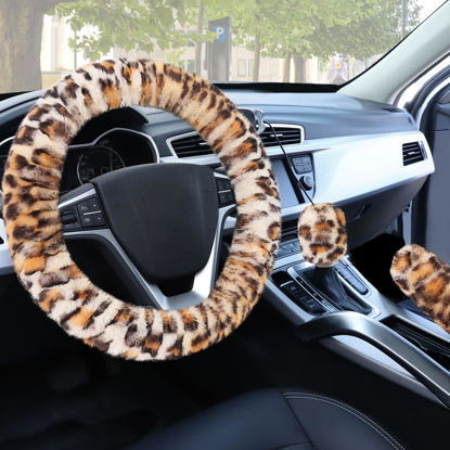 Picture of Accmor Fluffy Car Steering Wheel Cover, Universal Fuzzy Wheel Cover 14 1/2-15 & Handbrake Cover & Gear Shift Cover Set, Anti-Slip Leopard Warm Fur Vehicle Wheel Protector Car Accessories for Men Women
