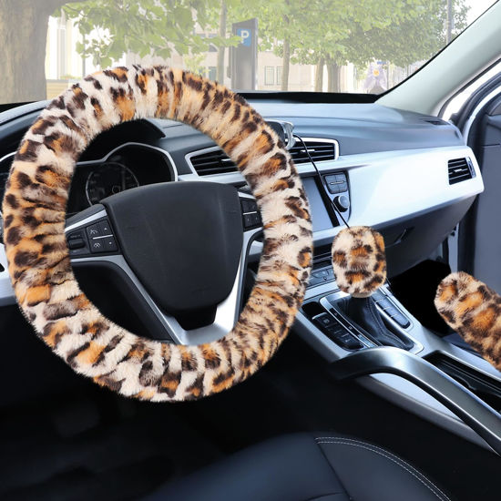 Picture of Accmor Fluffy Car Steering Wheel Cover, Universal Fuzzy Wheel Cover 14 1/2-15 & Handbrake Cover & Gear Shift Cover Set, Anti-Slip Leopard Warm Fur Vehicle Wheel Protector Car Accessories for Men Women