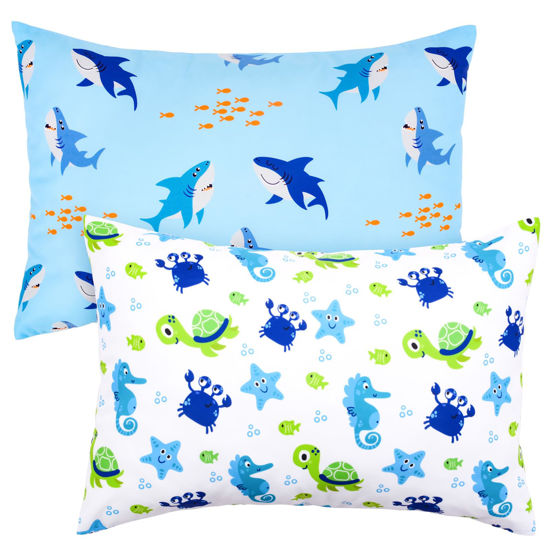 Picture of UOMNY Toddler Pillowcases for Girls 13X18 12x16 14x19 Turtles and Sharks Baby Pillow Case 2 Pack Small Pillow Covers for Travel Pillow Blue White
