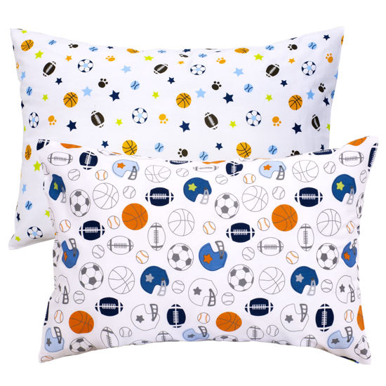 Picture of UOMNY Sports Theme Toddler Boys Pillowcase - 2 Packs Standard Soccer Printed Kids Pillow Case - 13x18 Inch Basketball Nursery Bedding Pillowslip Travel Pillow Cover Football Infant Pillowcase
