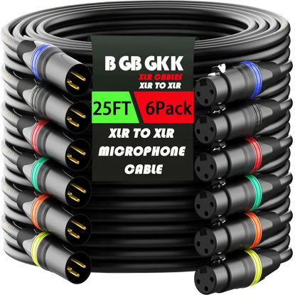 Picture of BGBGKK XLR Cables 25ft 6 Pack, Professional XLR Microphone Cable Male to Female, Gold-Plated 3-pin XLR Speaker Cable Balanced Mic Cable, XLR to XLR Cord, Multicolor