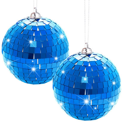 Picture of 2 Pieces Disco Mirror Balls Silver Hanging Ball for 50s 60s 70s Disco DJ Light Effect Party Home Decoration Stage Props School Festivals Party Favors and Supplies 4 Inch (4inch, Blue)