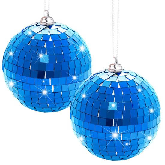 Picture of 2 Pieces Disco Mirror Balls Silver Hanging Ball for 50s 60s 70s Disco DJ Light Effect Party Home Decoration Stage Props School Festivals Party Favors and Supplies 4 Inch (4inch, Blue)