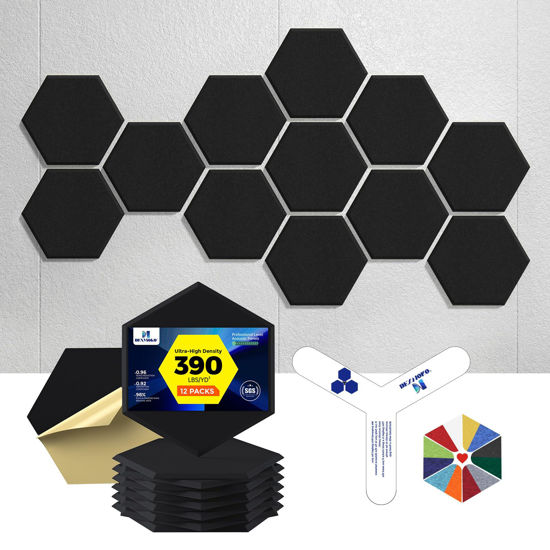 Picture of Dexmoko Self-Adhesive Acoustic Panels [390 lbs/yd³ Ultra-High Density], 2nd Generation Sound Absorbing Panel, Professional Level Sound Panel, Polyester Soundproof Foam [Size L, Black]