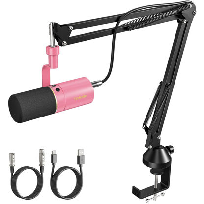 Picture of TONOR Dynamic Microphone, USB/XLR PC Microfono with Boom Arm Stand for Podcast, Recording, Streaming & Gaming, XLR Cardioid Studio Mic for Music & Voice-Over with 3.5mm Headphones Jack, TD510+, Pink