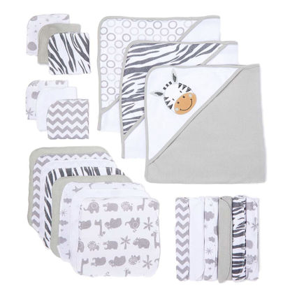Picture of Spasilk 23-Piece Soft Terry Hooded Bath Towel and Washcloth Gift Set, 3 Baby Towels and 20 Baby Washcloths for Newborn Boys and Girls, Baby Bath Essentials, Ideal, White Zebra