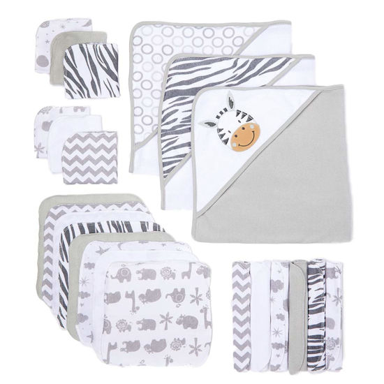 Picture of Spasilk 23-Piece Soft Terry Hooded Bath Towel and Washcloth Gift Set, 3 Baby Towels and 20 Baby Washcloths for Newborn Boys and Girls, Baby Bath Essentials, Ideal, White Zebra