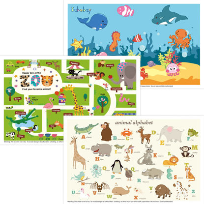 Picture of Babebay Disposable Placemats for Baby, 40 Pack Sticky Toddler Placemat for Restaurants, Dining Table, Party, Travel, 12" x 18" with 3 Designs