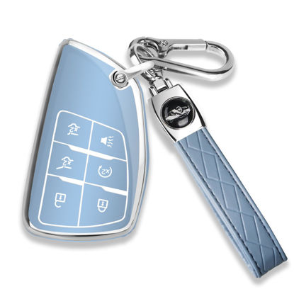 Picture of QBUC for Chevy Key Fob Cover with Keychain Soft TPU Protection Case Compatible with 2021-2025 Chevy Tahoe Suburban GMC Yukon Denali Silverado 6-Buttons(Chrome Trim Blue)