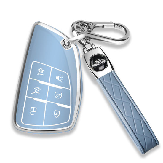 Picture of QBUC for Chevy Key Fob Cover with Keychain Soft TPU Protection Case Compatible with 2021-2025 Chevy Tahoe Suburban GMC Yukon Denali Silverado 6-Buttons(Chrome Trim Blue)