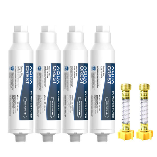 Picture of AQUA CREST RV Water Filter, RV Inline Hose Water Filter, Garden and Camper Water Filter, NSF Certified, Greatly Reduces Chlorine, Bad Taste, Odor, 4 Pack with 2 Hose Protector