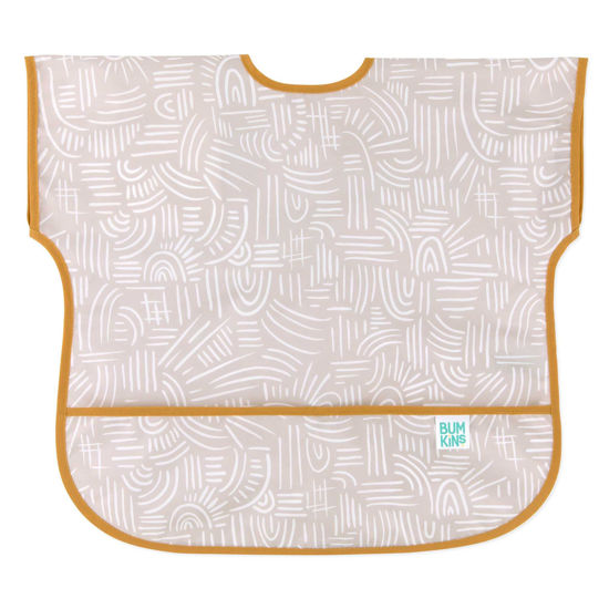 Picture of Bumkins Short Sleeve Bib for Girl or Boy, Toddler and Kids for 1-3 Years, Large Size, Essential Must Have for Junior Children, Eating, Mess Saving Soft Fabric Apron for Play, Boho Beige