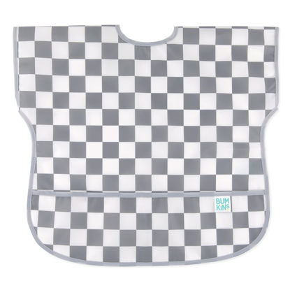 Picture of Bumkins Short Sleeve Bib for Girl or Boy, Toddler and Kids for 1-3 Years, Large Size, Essential Must Have for Junior Children, Eating, Mess Saving Soft Fabric Apron for Play, Charcoal Check