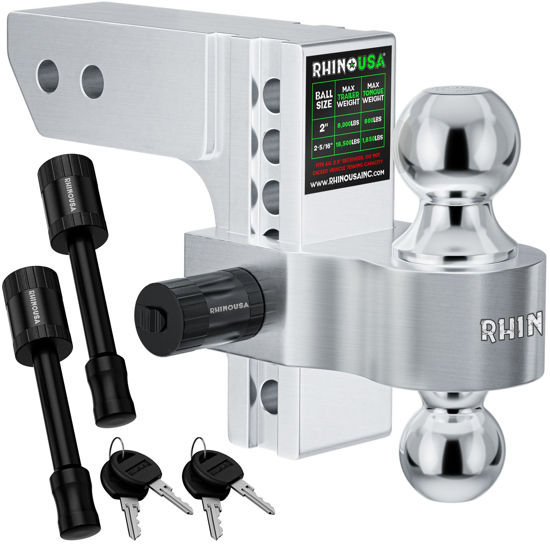 Picture of Rhino USA Adjustable Trailer Hitch (2-Inch Receiver) - Heavy Duty Aluminum Tow Hitches with 8-Inch Drop/Rise for Truck (12,500 LBS GTW) - Weatherproof Double Anti-Theft Locking Hitch Pins (Silver)