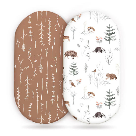 Picture of Stretch Ultra Soft Fitted Bassinet Sheet Set 2 Pack, Universal Fit for Bassinets Baby Cradle Moses Basket Oval Rectangle Mattress Safe and Snug, Stylish Pattren of Jungle Animals