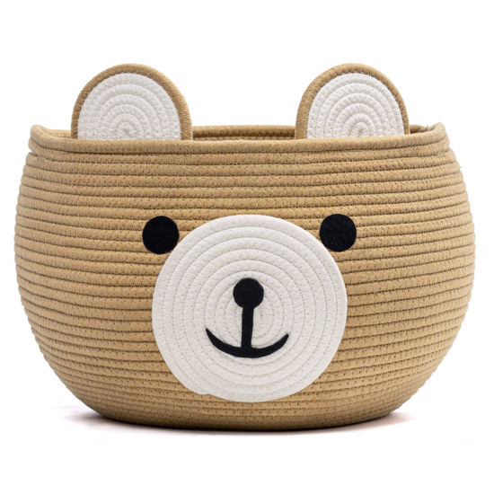Picture of CherryNow Cotton Rope Basket Baby Gift Basket for Newborn, Empty Gift Basket with Handles, Medium Animal Basket for Toy Clothes Towel, Woven Rope Bear Basket for Kids, Brown, 15.7"D x 10.5"H