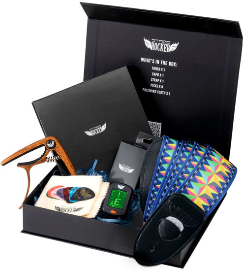 Picture of Stage Rocker Guitar Accessories Gift Box for Acoustic & Electric Guitars, Blue & Orange Guitar Strap, Picks, Capo, Tuner, Cleaning Cloth, 5-in-1 Essential Gift for Birthday & Mother's Day!