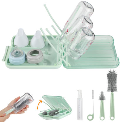 Picture of Bottle Brush Set -Baby Travel Essential-6 in 1 Bottle Cleaner Kit with Silicone Bottle Brush,Nipple Cleaner Brush,Straw Brush,Soap Dispenser,Storage Box,Bottle Drying Rack for Home and Travel(Green)