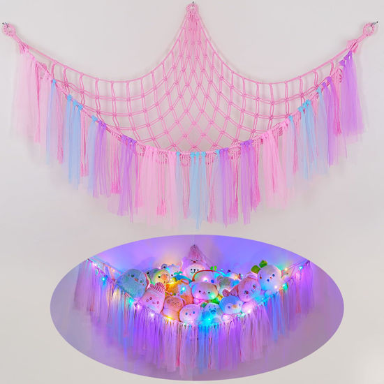 Picture of FIOBEE Stuffed Animals Net or Hammock with LED Light, Toy Hammock Hanging Stuffed Animals Storage Organizer Holder Room Décor for Nursery Kids Bedroom