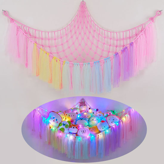 Picture of FIOBEE Stuffed Animals Net or Hammock with LED Light, Toy Hammock Hanging Stuffed Animals Storage Organizer Holder Room Décor for Nursery Kids Bedroom