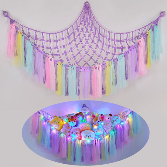 Picture of FIOBEE Stuffed Animals Net or Hammock with LED Light, Toy Hammock Hanging Stuffed Animals Storage Organizer Holder Room Décor for Nursery Kids Bedroom