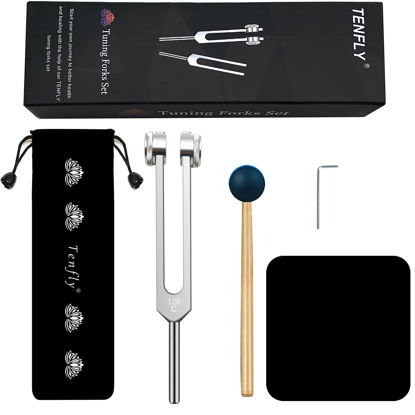 Picture of 128 Hz Tuning Fork Weights Aluminum Clinical Grade Nerve/Sensory with Black Silicone Hammer, Cleaning Cloth and Felt Case, Non-Magnetic Aluminum Alloy