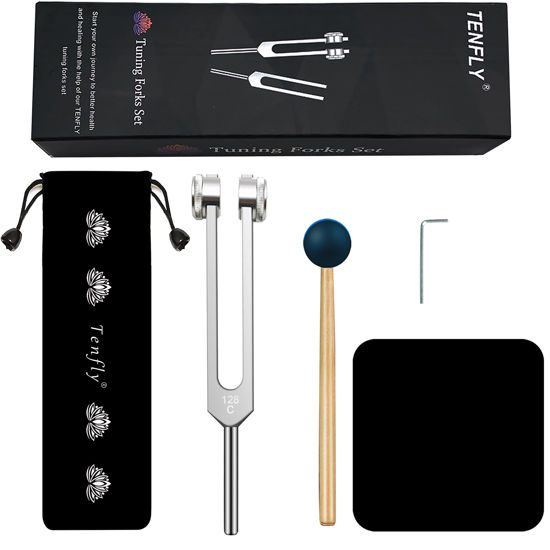 Picture of 128 Hz Tuning Fork Weights Aluminum Clinical Grade Nerve/Sensory with Black Silicone Hammer, Cleaning Cloth and Felt Case, Non-Magnetic Aluminum Alloy