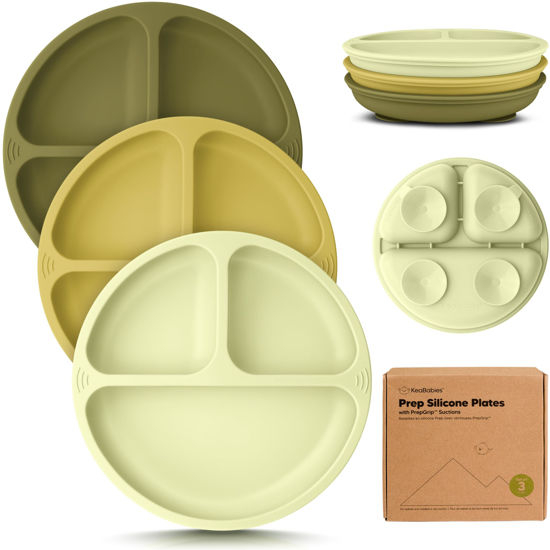 Picture of KeaBabies Suction Plates for Baby, Toddler - 3-Pack 100% Silicone Toddler Plates, Divided Baby Plates with Suction, Silicone Plates for Baby, Kids, BPA-Free, Microwave, Dishwasher Safe (Olives)