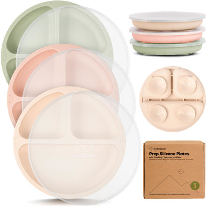 Picture of KeaBabies Suction Plates with Lids for Baby - 3-Pack 100% Silicone Suction Plates for Baby, Kids,Toddler Plates,Divided Baby Plates with Suction,Lids, BPA-Free, Microwave, Dishwasher Safe (Macaron)