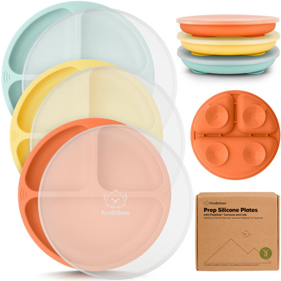 Picture of KeaBabies Suction Plates with Lids for Baby - 3-Pack 100% Silicone Suction Plates for Baby, Kids,Toddler Plates,Divided Baby Plates with Suction,Lids, BPA-Free, Microwave, Dishwasher Safe (Amaze)