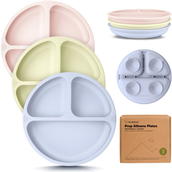 Picture of KeaBabies Suction Plates for Baby, Toddler - 3-Pack 100% Silicone Toddler Plates, Divided Baby Plates with Suction, Silicone Plates for Baby, Kids, BPA-Free, Microwave, Dishwasher Safe (Rain)