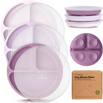 Picture of KeaBabies Suction Plates with Lids for Baby - 3-Pack 100% Silicone Suction Plates for Baby, Kids,Toddler Plates,Divided Baby Plates with Suction,Lids, BPA-Free, Microwave, Dishwasher Safe (Amethyst)