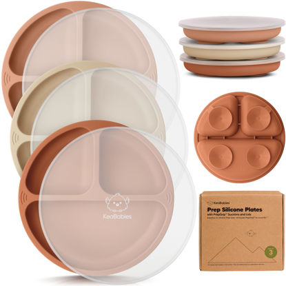 Picture of KeaBabies Suction Plates with Lids for Baby - 3-Pack 100% Silicone Suction Plates for Baby, Kids,Toddler Plates,Divided Baby Plates with Suction,Lids, BPA-Free, Microwave, Dishwasher Safe (Terracotta)