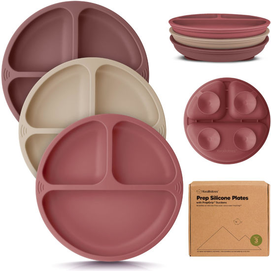 Picture of KeaBabies Suction Plates for Baby, Toddler - 3-Pack 100% Silicone Toddler Plates, Divided Baby Plates with Suction, Silicone Plates for Baby, Kids, BPA-Free, Microwave, Dishwasher Safe (Burgundy)