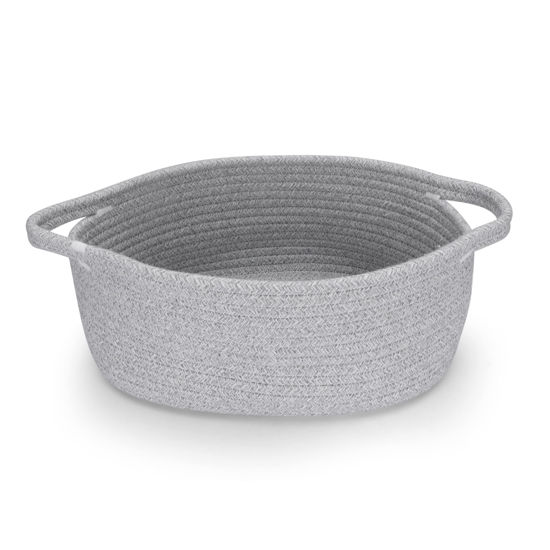 Picture of Small Woven Basket Cute Oval Cotton Rope Gifts Basket with Handle Empty Baby Wicker Storage Basket Nursery Box Bin Kids Organizer Cat Dog Toy Basket Easter Basket Grey