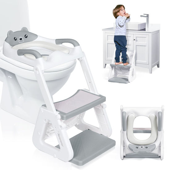 Picture of Orzbow 2-IN-1 Potty Training Toilet Seat with Step Stool for Toddler, Stability Training Potty Seat for Kids Boys Girls with Splash Guard and Anti-Slip Pad, Adjustable Ladder & Potty Seat Height, Grey